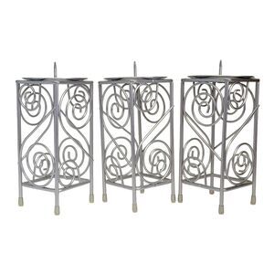 Silver Tone Candle Holders Set of 3 Pillar 7" Scroll Ornate Metal Home Decor‎